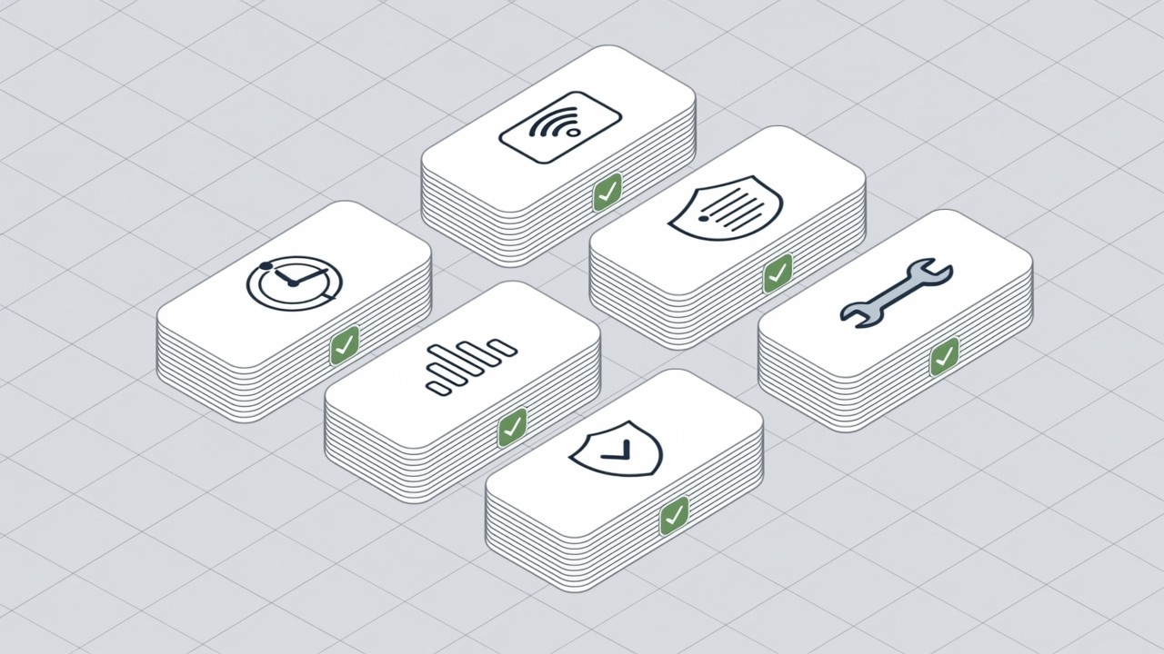 视觉 AI SOP 选型评估清单示意：六项逐条核对的判断卡片